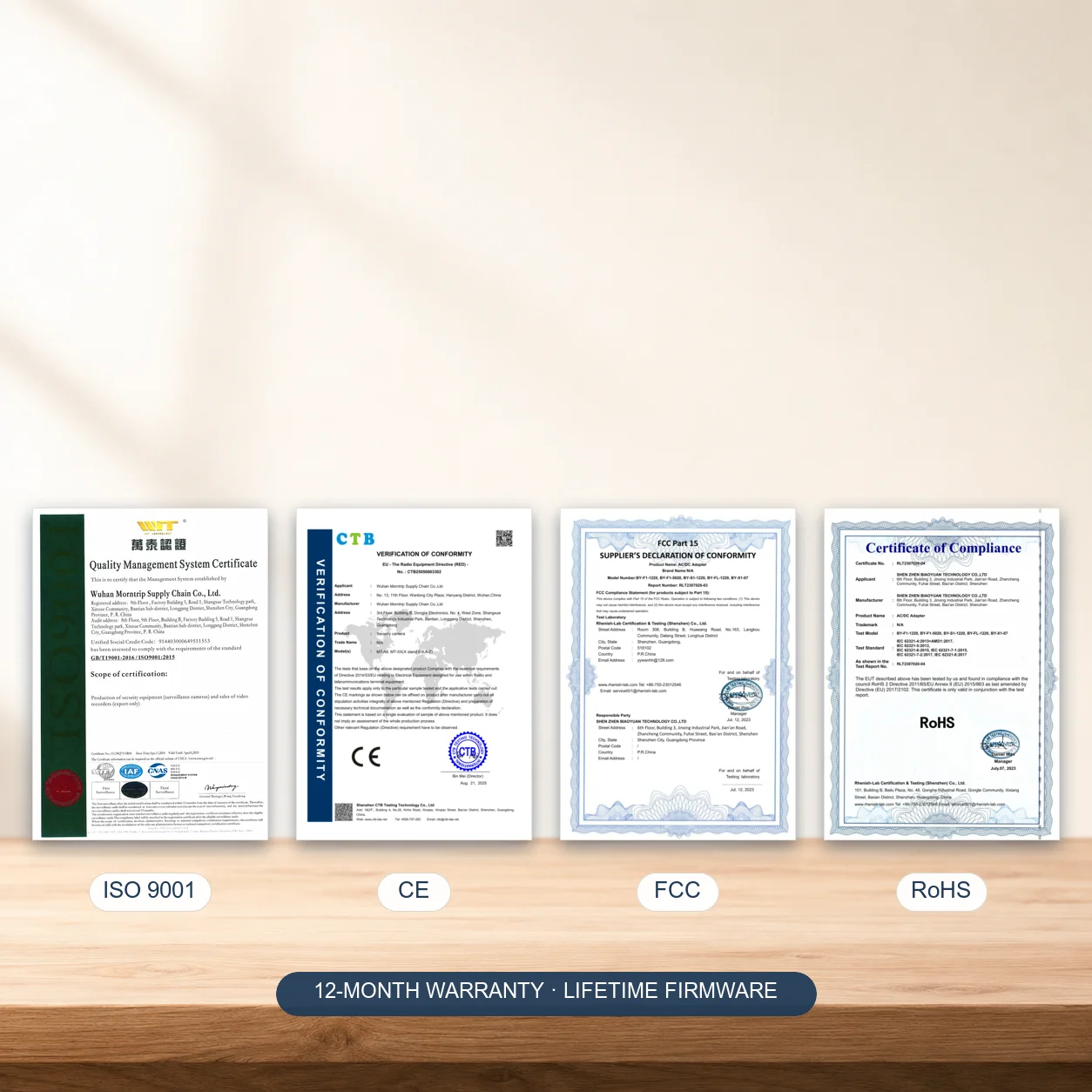 ISO 9001, CE, FCC and RoHS certificates with 12-month warranty and lifetime firmware commitment
