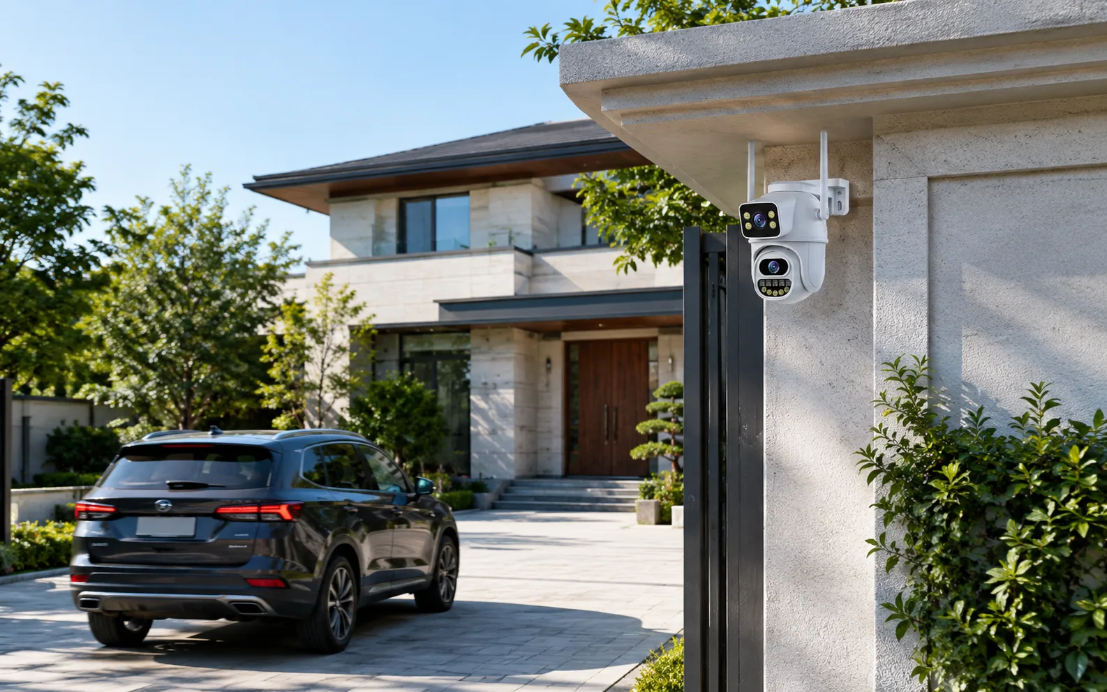 FLC-800PO installed above a villa entrance watching the gate and driveway