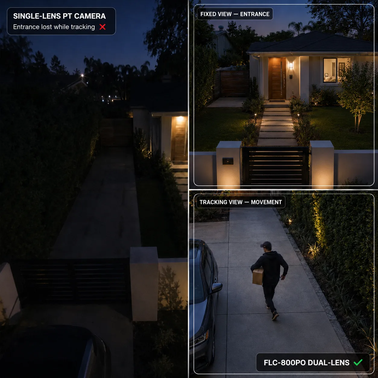 Single-lens PT camera losing the entrance while tracking, compared with FLC-800PO holding a fixed entrance view and a tracking view at the same time