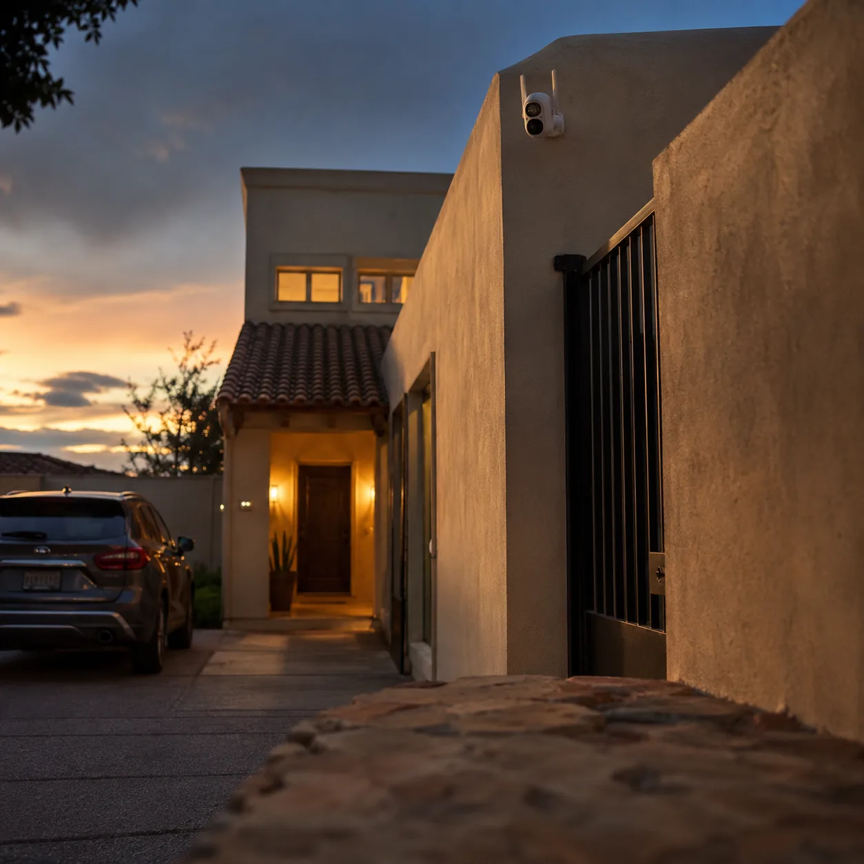 FLC-800PO dual-lens camera installed above a villa entrance at dusk, watching the gate and driveway