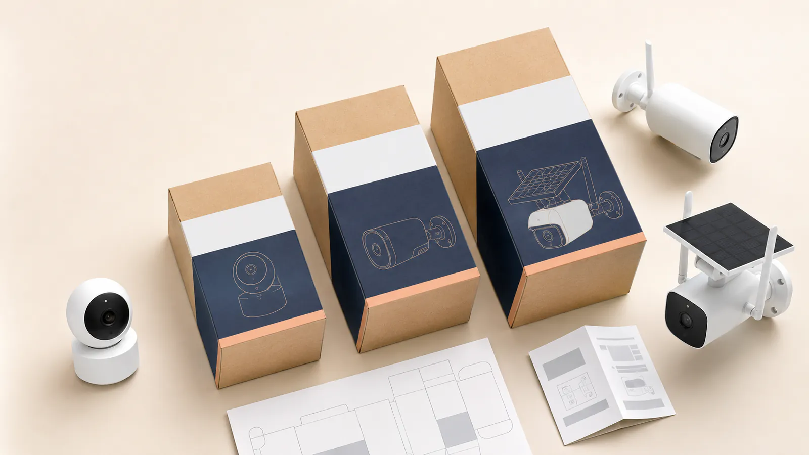 Private label security camera packaging with blank brand areas, ready for an e-commerce seller's own brand