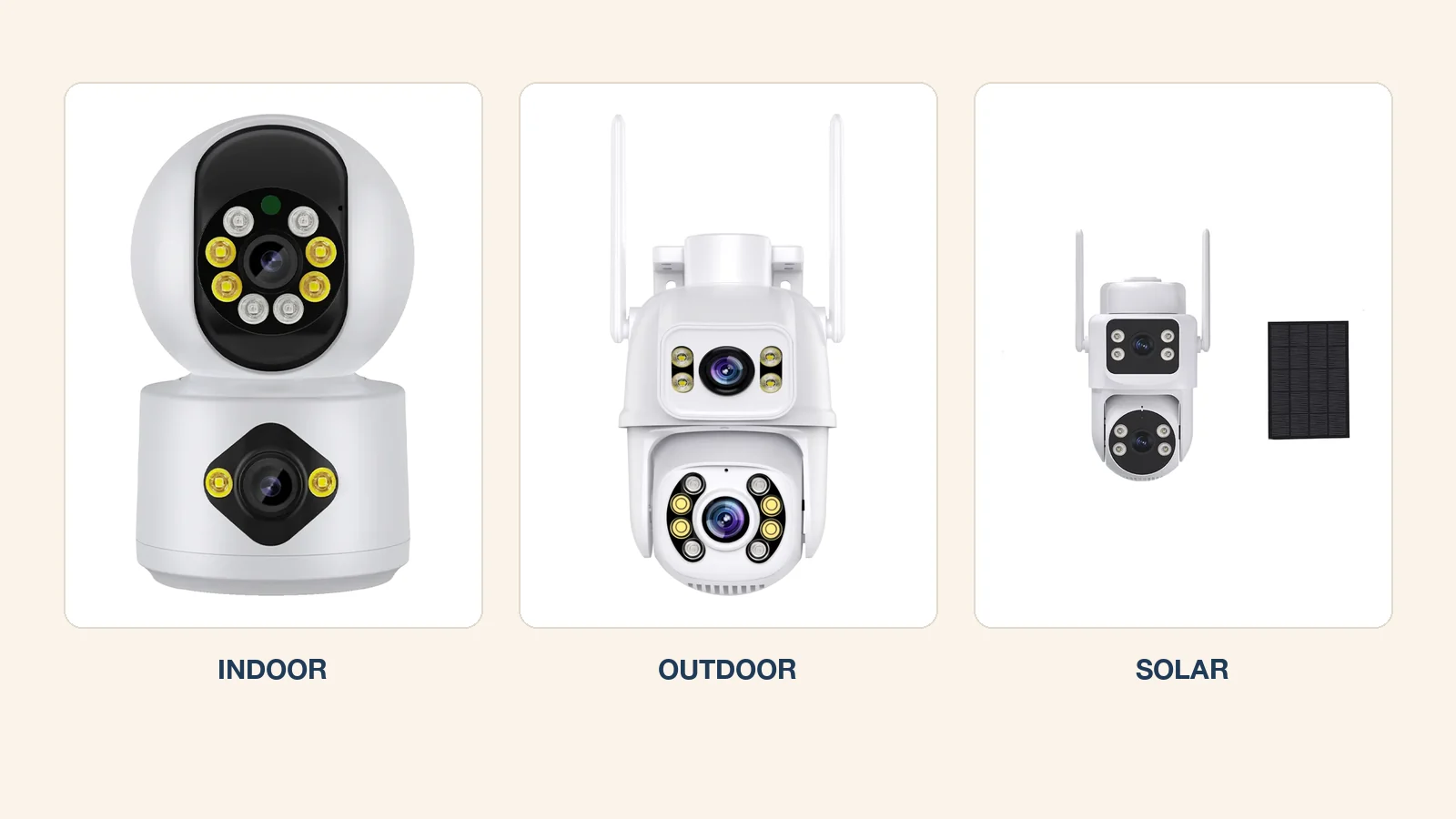 Indoor, outdoor and solar AI security cameras laid out side by side as a private-label lineup