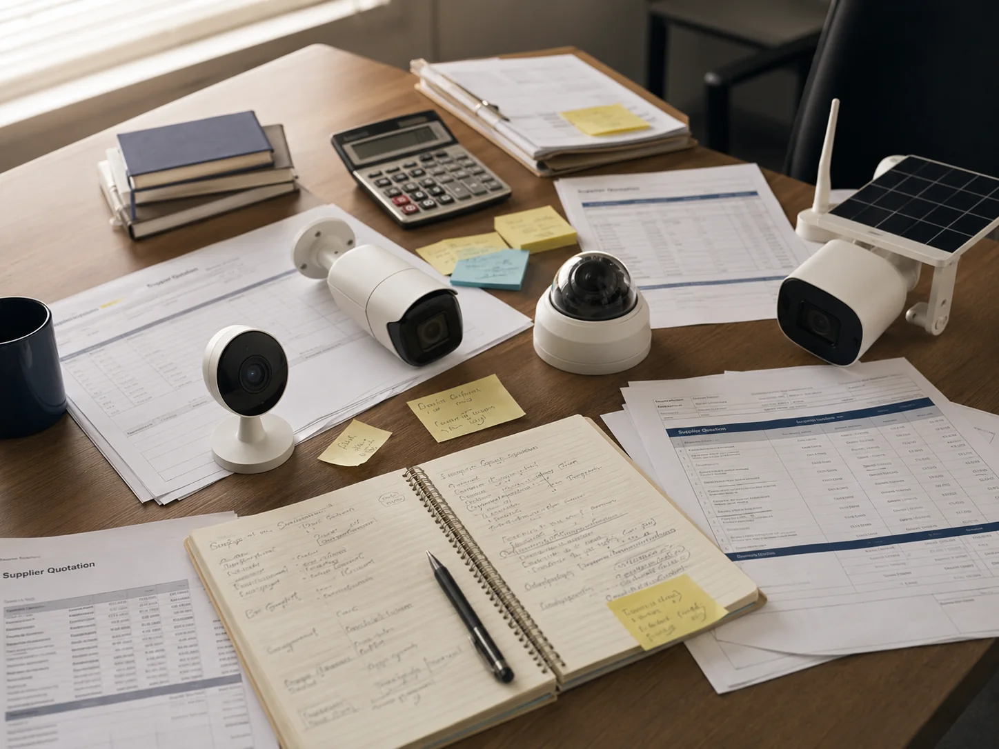 A seller's desk covered with mismatched generic camera samples and supplier quotations
