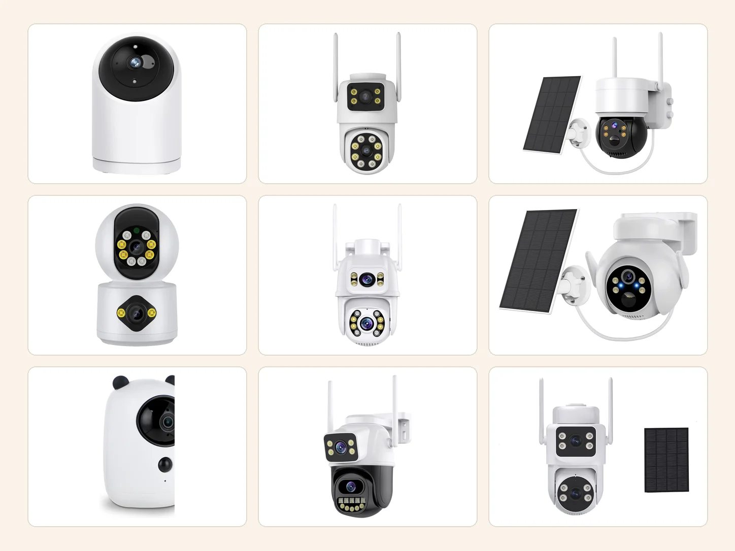 Nine AI security cameras across indoor, outdoor and solar, shown as a private-label lineup