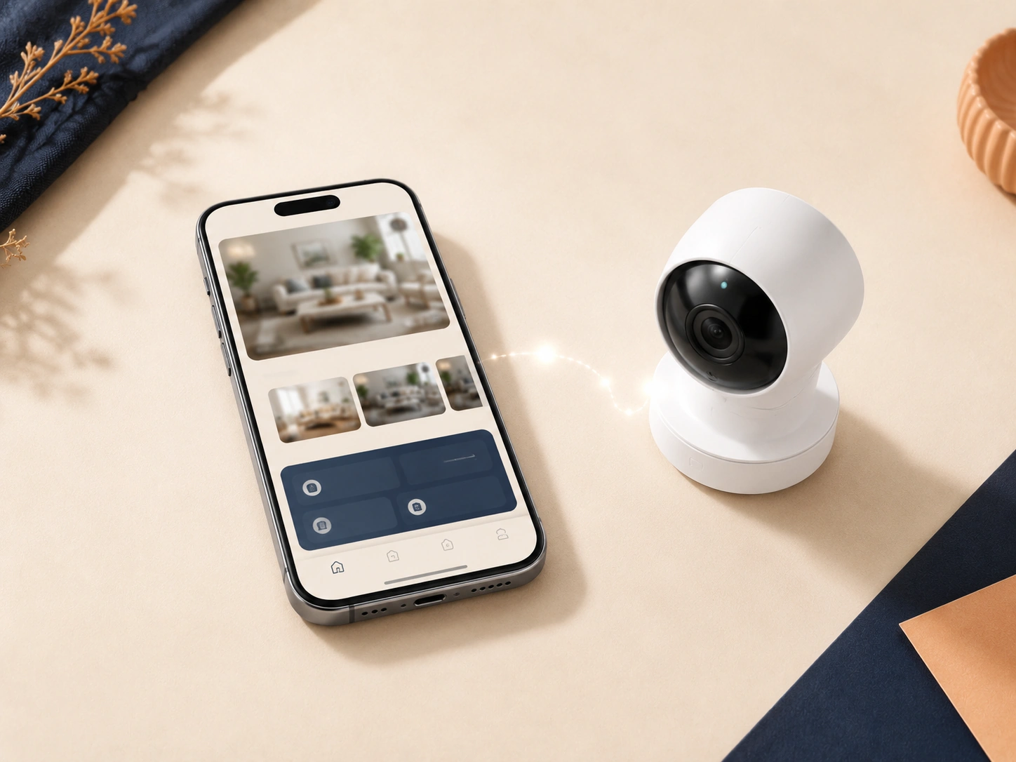 Smartphone camera app beside an indoor AI camera, suggesting a white-label app and cloud account