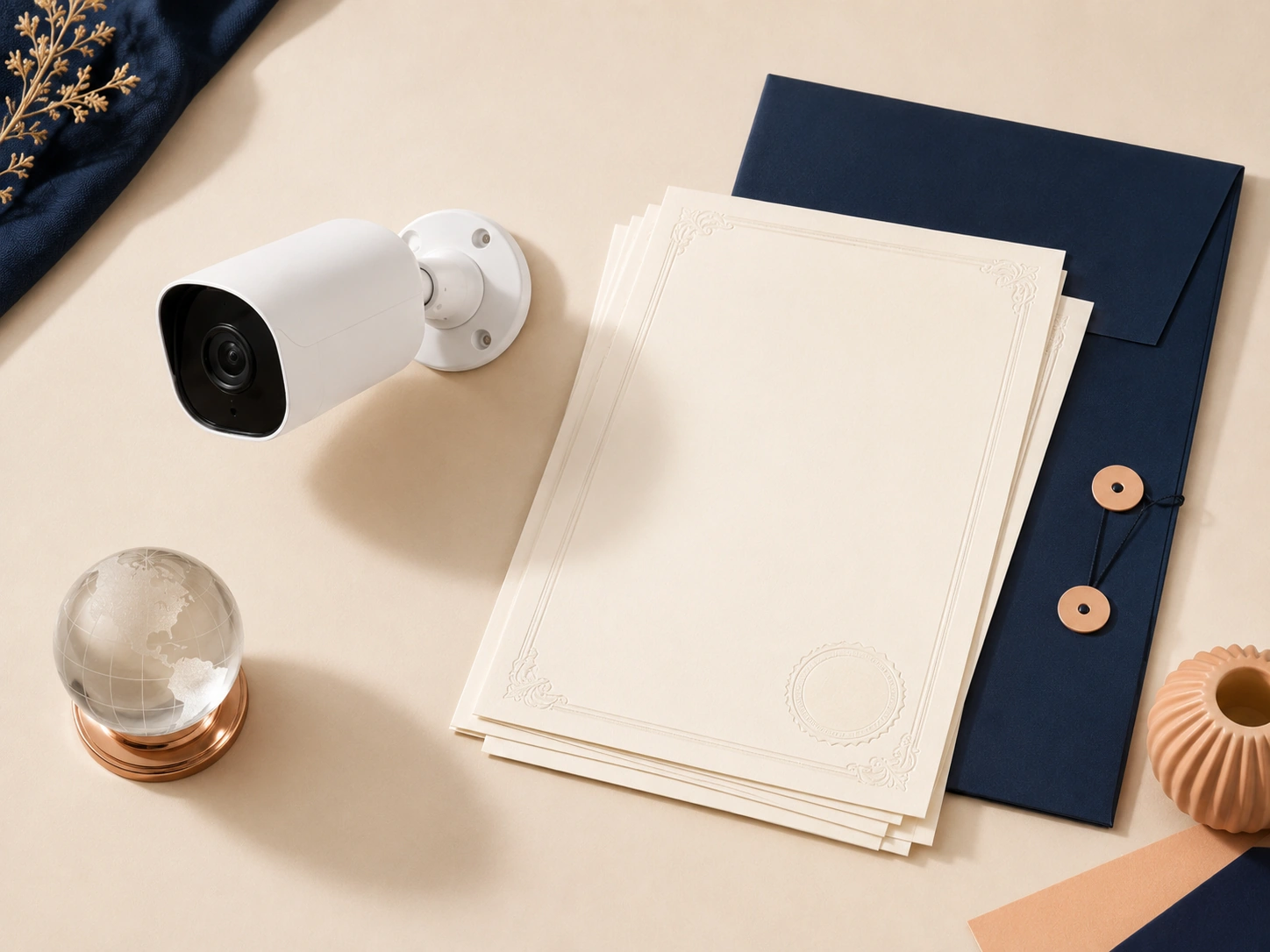 Outdoor camera beside embossed certificate documents and a navy folder, suggesting export compliance