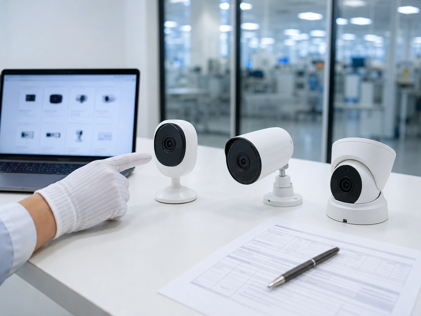 Choosing camera samples at a meeting desk with a product lineup on a laptop