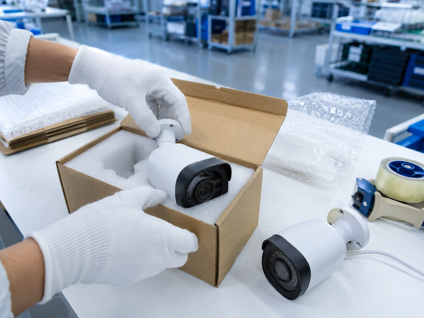Packing a camera sample into protective foam for courier shipping